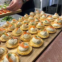 Smoked Salmon Canapés for Dorset Event Catering Smoked salmon canapés being prepared for an event by Crab Apple Catering in Dorset